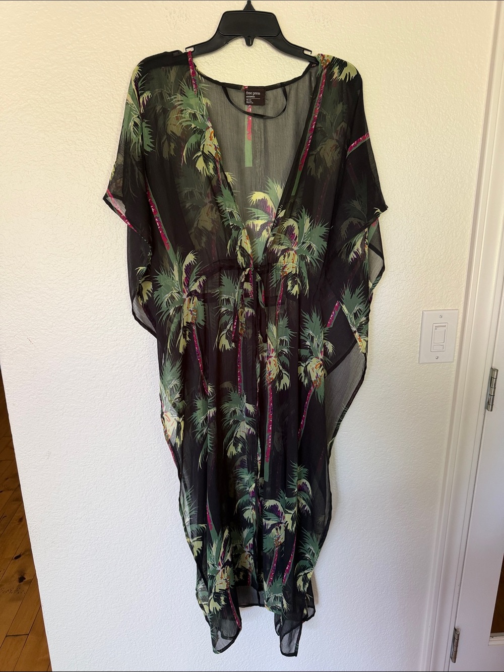 free press Black Sheer Palm-Print Swim Coverup with Green and Pink Accents
